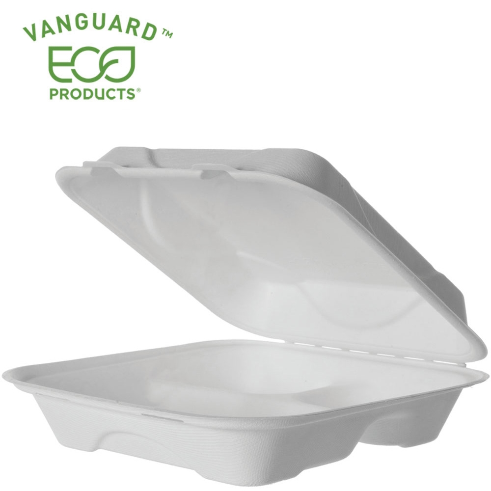 EP-HC93NFA ECO-Products® Vanguard Compostable Sugarcane 3-Compartment Clamshells, 9 x 9 x 3, White (No PFAS Added)